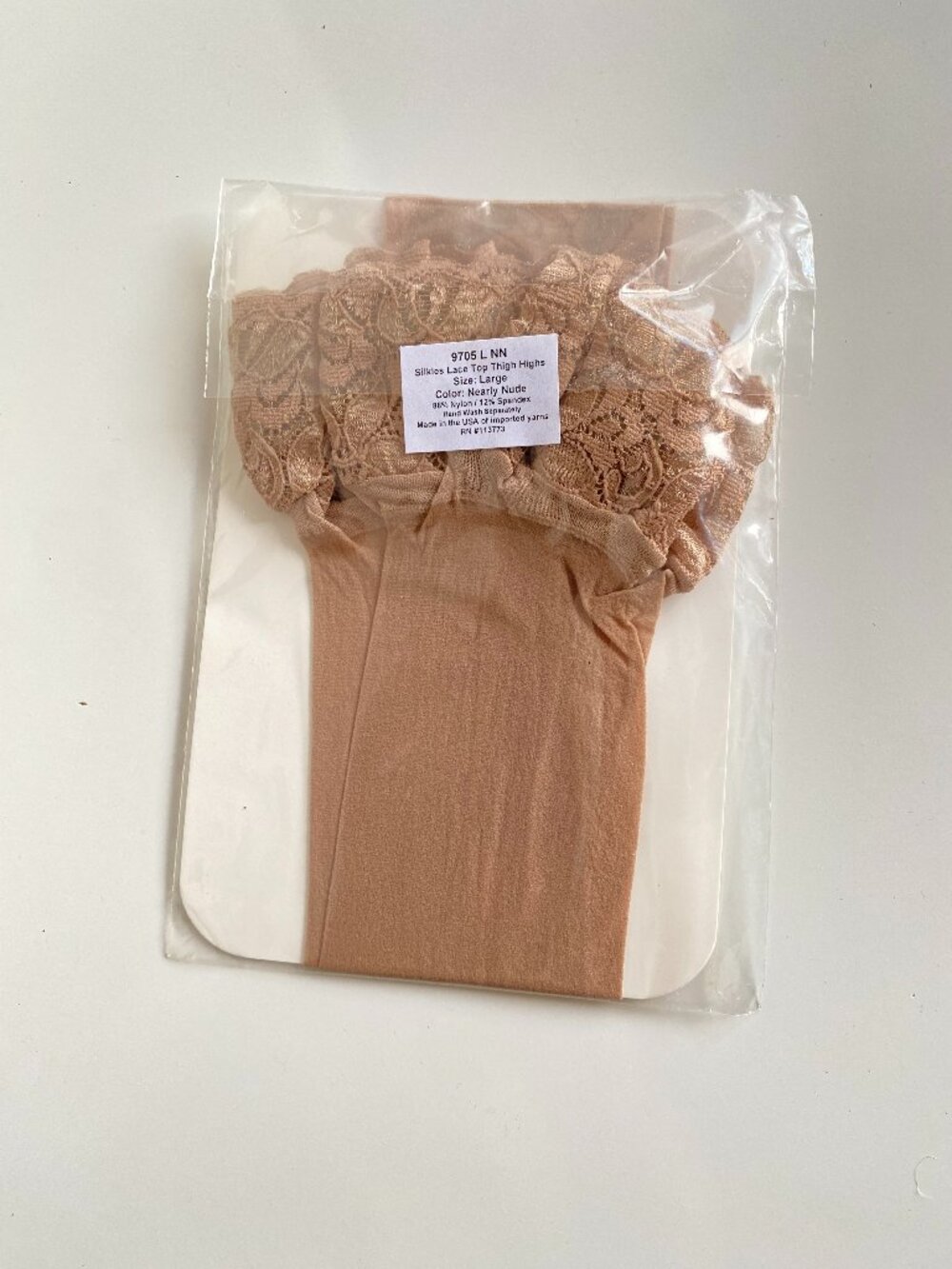 Silkies Lace Top Thigh Highs Stockings Size L Nearly Nude Color USA made
